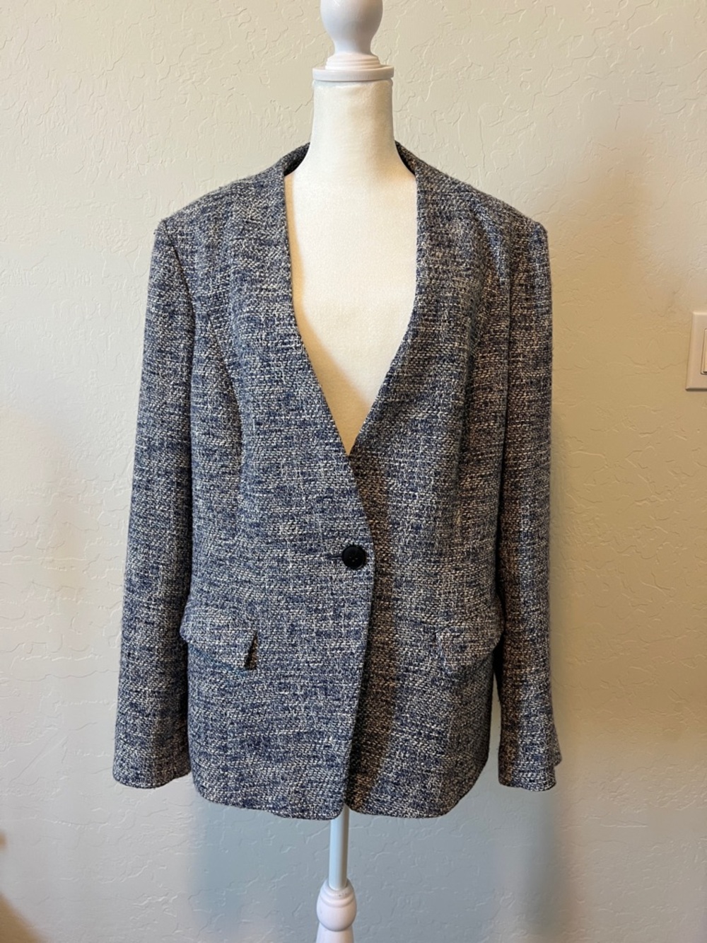 Lafayette 148 New York Blue White Melange Woven Cotton Tweed Blazer Jacket Sz 16